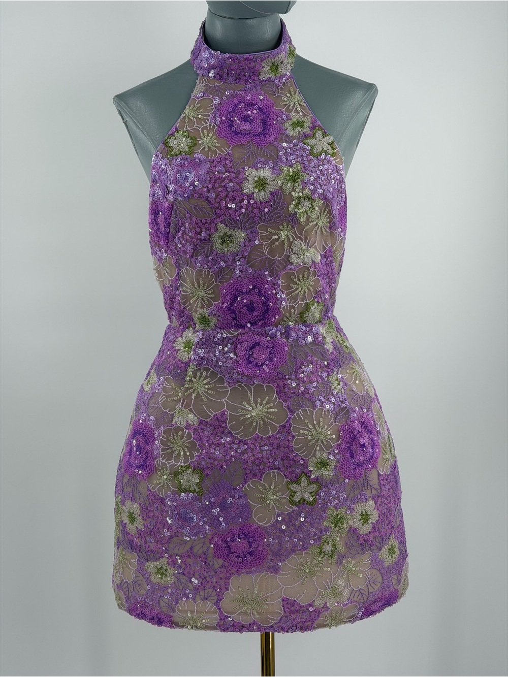 🆕 BRONX & BANCO 🧿 NWOT Deidre Floral Sequin Halter Mini Dress, Lilac Sz S US 4 - Picture 5 of 16